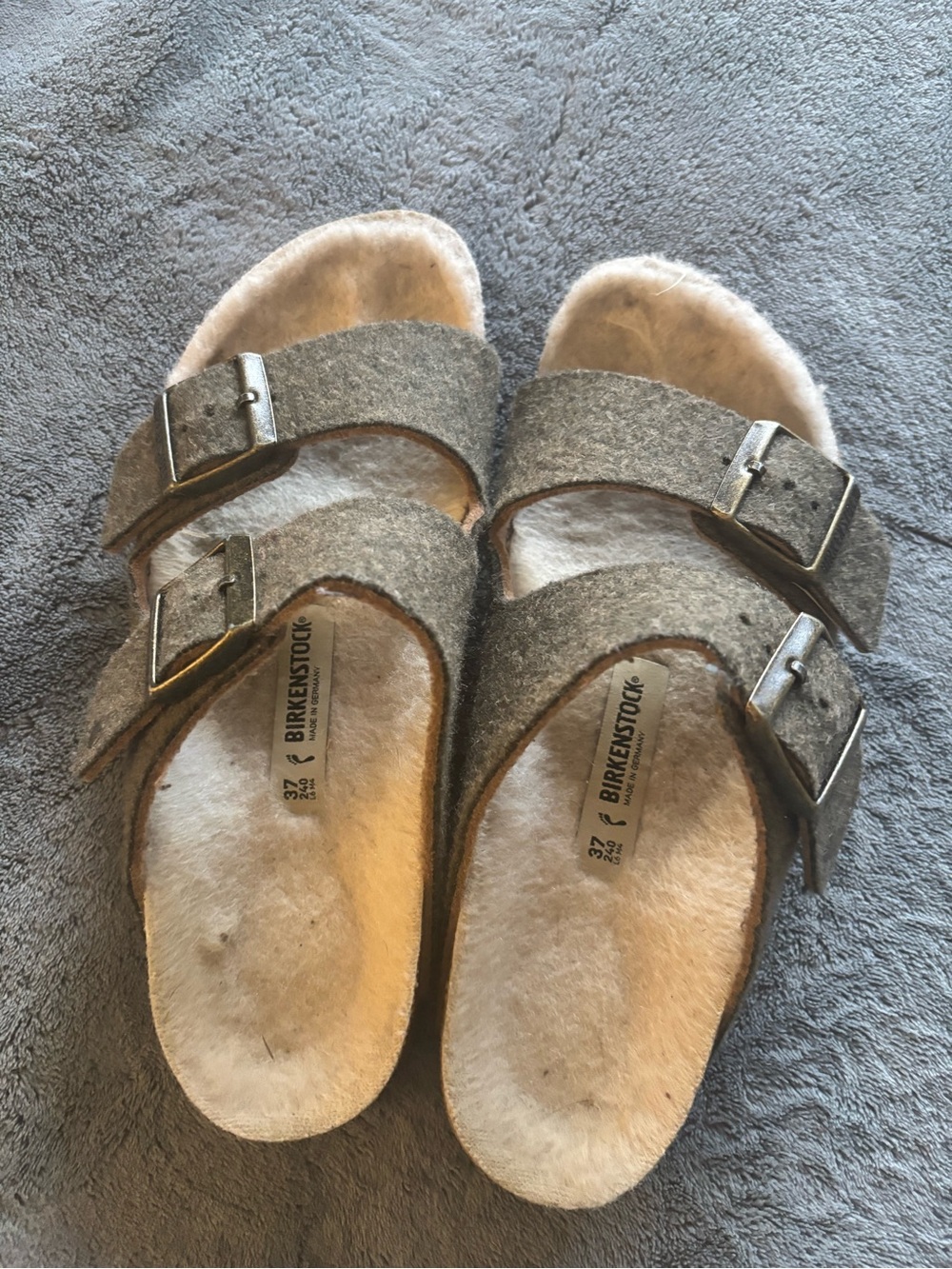 Birkenstock Arizona Wool-Trim Dual Buckle Sandals in Gray/Brown